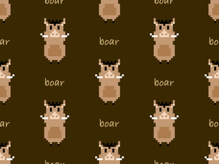 Boar cartoon character seamless pattern on brown background. Pixel style.