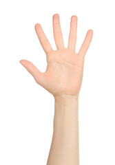 Woman hand shows finger-counting, on white background