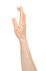 Obraz premium Woman hand shows virtual touching, on white background