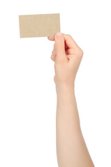 Hand holds blank business card on white background