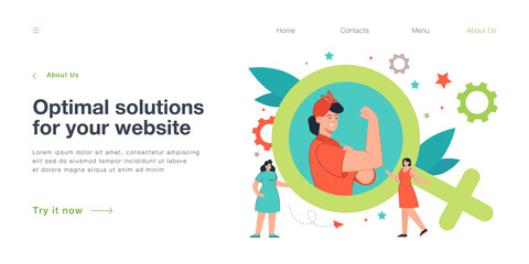 Woman showing fist and bicep as sign of female empowerment. Feminists and huge female symbol flat vector illustration. Feminism, girl power concept for banner, website design or landing web page