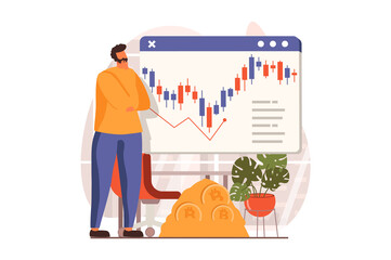 Cryptocurrency mining web concept in flat design. Man analyzes financial statistics of crypto money on exchange, buys and sells currency, invests in bitcoins. Illustration with people scene