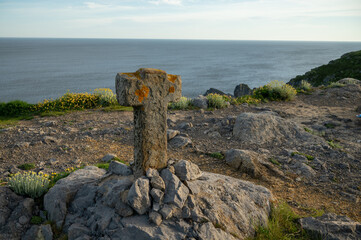 Cliffs and green pastures,Atlantic ocean bay near Bakio, small touristic village, Basque Country, Spain