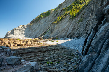 Fototapeta na wymiar View on steeply-tilted layers of flysch on Atlantic coast at Zumaia at low tide, Basque Country, Spain