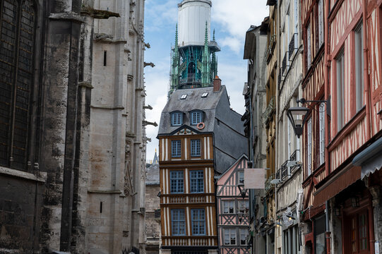 Walking in old centrum part of Rouen city, streetview, tourists destination city in Normandy, France