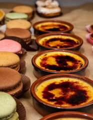 French bakery in morning, fresh baked sweet cream brule dessert on display
