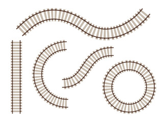 Set of realistic train tracks railroad contour, vector illustration