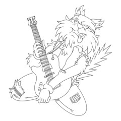 Coloring illustration of cartoon rocker cat playing an electric guitar
