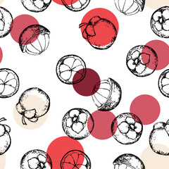 Seamless surface pattern with hand drawn mangosteen fruits. Exotic food sketch seamless texture.