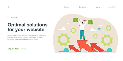 Strong businessman lifting heavy barbell of gold coins. Business challenge of tiny man standing on growing arrow flat vector illustration. Profit growth and financial success, stability concept