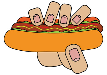 Hand holding hot dog, isolated on white background in cartoon style in vector graphic
