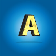 gold letter A logo isolated from blue background. 3D illustration