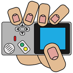 Hand holding tetris, isolated on white background in cartoon style in vector graphic