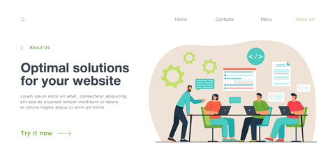 Team of programmers working on program code with laptops. Teamwork of male and female professional testers and coders flat vector illustration. Software development, programming lesson concept