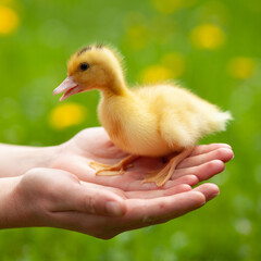 Defenseless little duckling in hands, close-up.