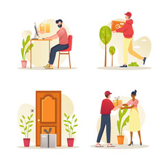 Delivery concept with people scene set. Men and women order lunch in restaurant, grumble online, use delivery service and receive order in box at home. Vector illustration in flat design for web