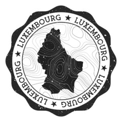 Luxembourg outdoor stamp. Round sticker with map of country with topographic isolines. Vector illustration. Can be used as insignia, logotype, label, sticker or badge of the Luxembourg.