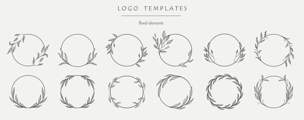  Wedding flourish laurel wreaths for invitation card. Logo templates. Set of the hand-drawn botanical wreaths.