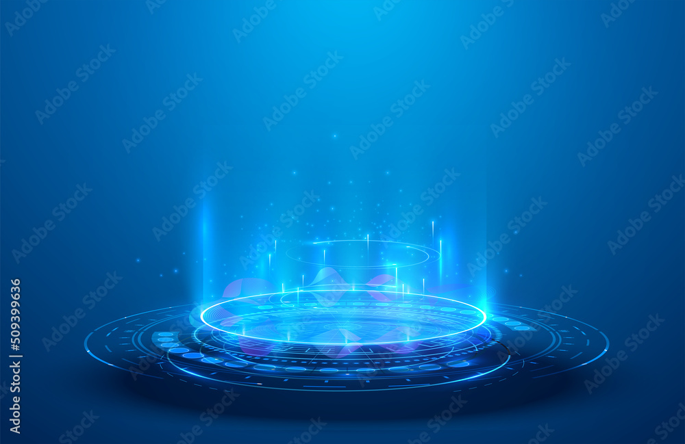 Leinwandbilder Blue hologram portal. Magic fantasy portal.  Magic circle teleport podium with hologram effect. Abstract high tech futuristic technology design. Round shape. Circle Sci-fi element light and lights.