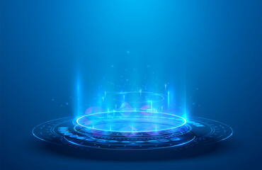 Fototapeta Blue hologram portal. Magic fantasy portal.  Magic circle teleport podium with hologram effect. Abstract high tech futuristic technology design. Round shape. Circle Sci-fi element light and lights. obraz