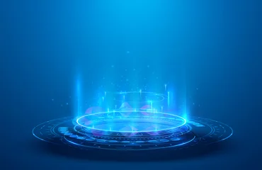Foto op Plexiglas Blue hologram portal. Magic fantasy portal.  Magic circle teleport podium with hologram effect. Abstract high tech futuristic technology design. Round shape. Circle Sci-fi element light and lights. © ZinetroN
