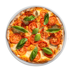 Pizza with basilico leaves, tomatoes and pomodoro sauce on white plate, isolated on white, top view