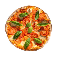 Pizza with basilico leaves, tomatoes and pomodoro sauce, isolated on white, top view