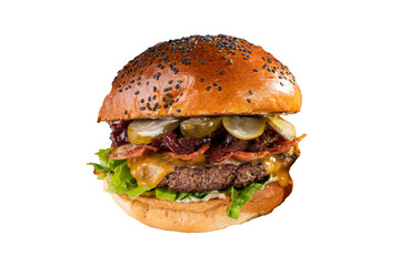 Burger with beef meat, pickles, cheese, onion and lettuce, isolated on white background