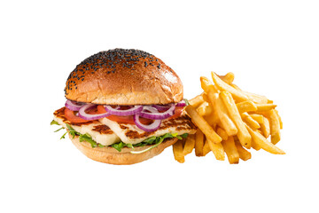 Burger with halloumi cheese, onion, cheese lettuce and french fries, isolated on white background