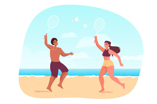 Husband and wife playing badminton on beach. Cheerful couple holding tennis rackets flat vector illustration. Summer, recreation, sports concept for banner, website design or landing web page