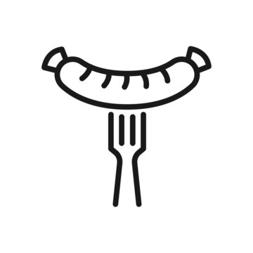 Bavarian sausage on a fork icon design. Outline style. Vector illustration.