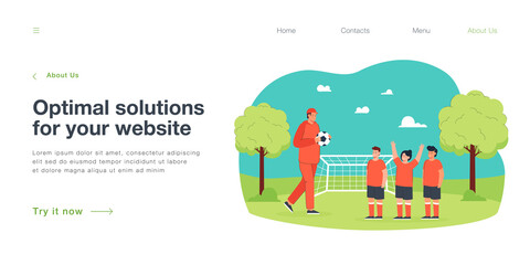 Soccer coach training team of young players on green field. Man and group of children standing with ball near football goal flat vector illustration. School, sport, soccer league for students concept