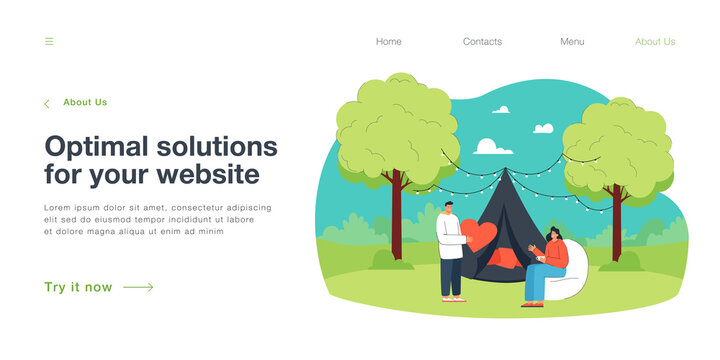 Married couple on camping or glamping trip together. Husband and wife resting next to tent in country flat vector illustration. Romance, outdoor activity, holiday concept for banner or website design