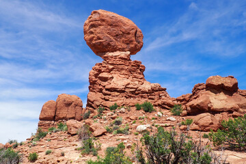Balanced Rock formation in the Arches National Park, Utah, USA. Bizzare geological shapes in the desert of American southwest. Famous natural landmark in Utah.