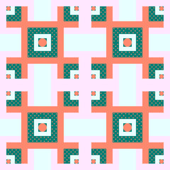Modern pastel geometry background. Plaid. Vector seamless pattern.  Square, polka dots. Terra cotta orange, emerald green, pink color. Cute summer print. Wallpaper Geometric sample. Сreative Design.