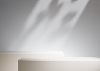 Minimal beige double pedestal or podium for product showcase. Boxe shape pedestal. Beige background. Empty stage. 3d render illustration. Leaf shadow