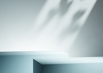 Minimal blue cylinder double pedestal or podium for product showcase.  Blank mockup background. Empty stage. 3d render illustration. Leaf shadow