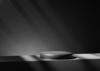 Black podium on dark background showcase. Minimal pedestal cosmetic backdrop for product presentation. 3d rendering