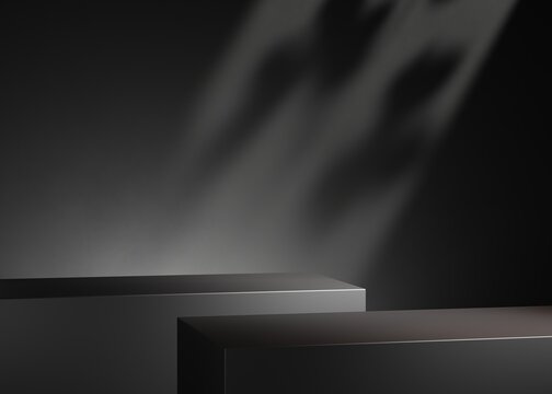 Minimal black double pedestal or podium for product showcase. Boxe shape pedestal. Dark background. Empty stage. 3d render illustration. Leaf shadow