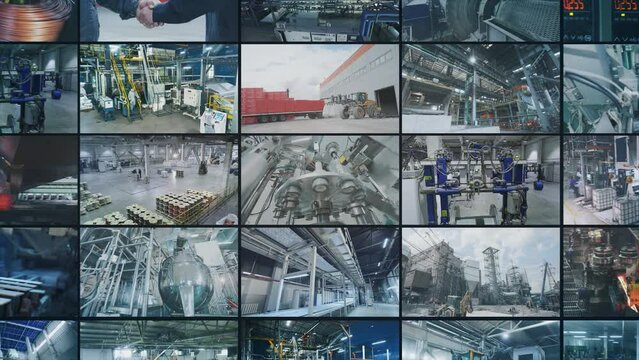 Video wall montage industrial production. Modern multiscreen video factory. Exterior of a modern factory. Industrial video collage