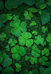 clover leaves and green moss, abstract natural dark forest background. three-leaves oxalis plant. shamrocks, St.Patrick's day holiday symbol. top view