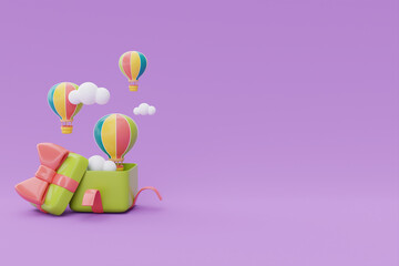 Opened gift box with colorful hot air ballon and cloud floating on purple background, Summer time concept, 3d rendering.