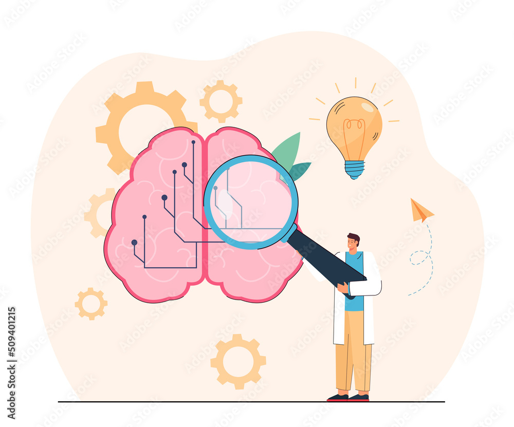 Poster scientist or engineer examining huge brain with magnifier. man studying digital brain with circuit f