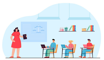 Female cartoon teacher teaching pupils law at school. Students sitting at desks, symbol of scales on board with laptops flat vector illustration. Education, law concept for banner or landing web page