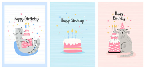 Set of greeting cards with funny cats and birthday cakes. Hand drawn flat vector illustration and lettering. Funny pet.