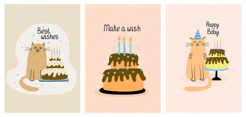 Set of greeting cards with funny cats and birthday cakes. Hand drawn flat vector illustration and lettering. Funny pet.