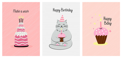 Set of greeting cards with cutey cat and birthday cakes. Hand drawn flat vector illustration and lettering. Funny pet.