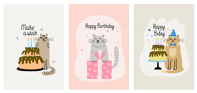 Set of greeting cards with funny cats and birthday cakes. Hand drawn flat vector illustration and lettering. Funny pet.