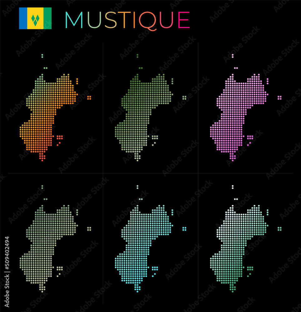 Poster mustique dotted map set. map of mustique in dotted style. borders of the island filled with beautifu