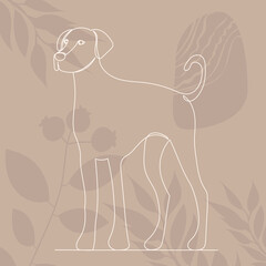 dog standing one continuous line drawing, on abstract background, vector
